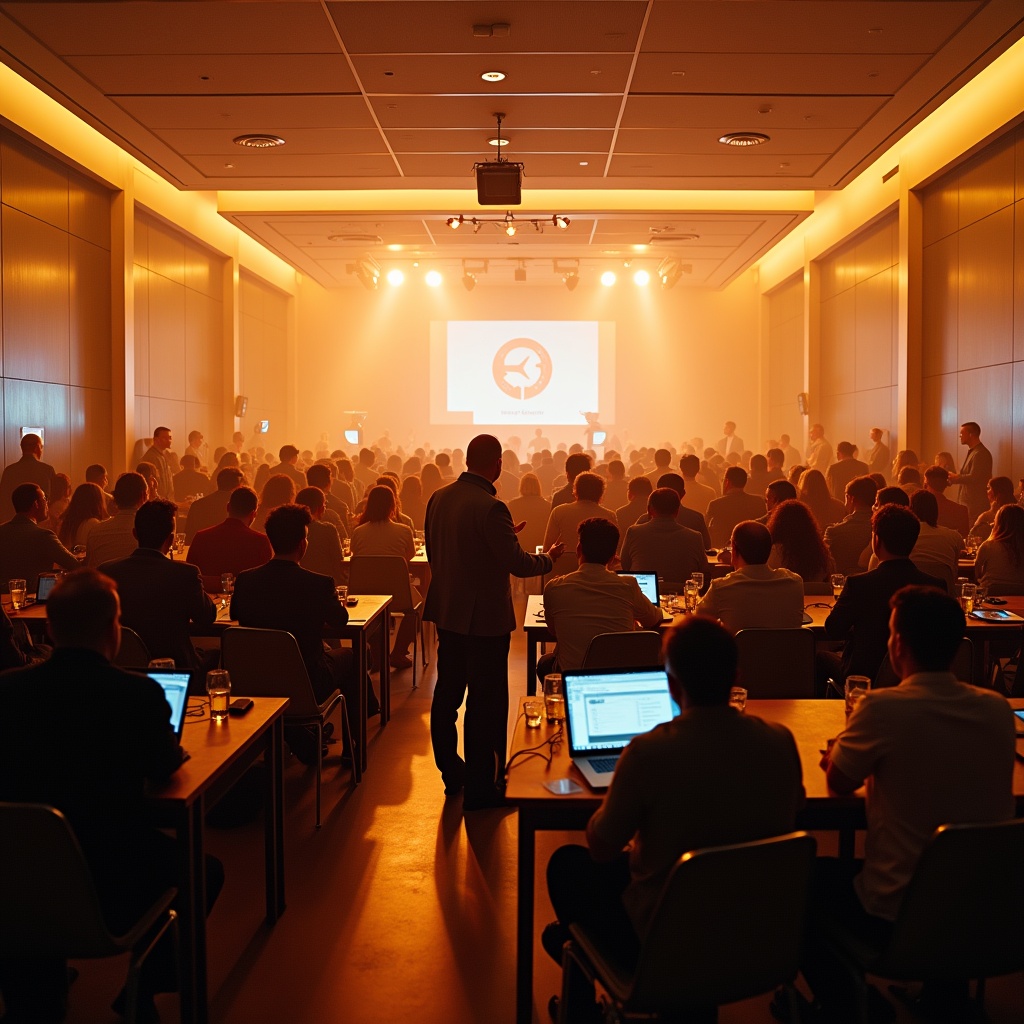 Packed kickoff event — cinematic wide shot