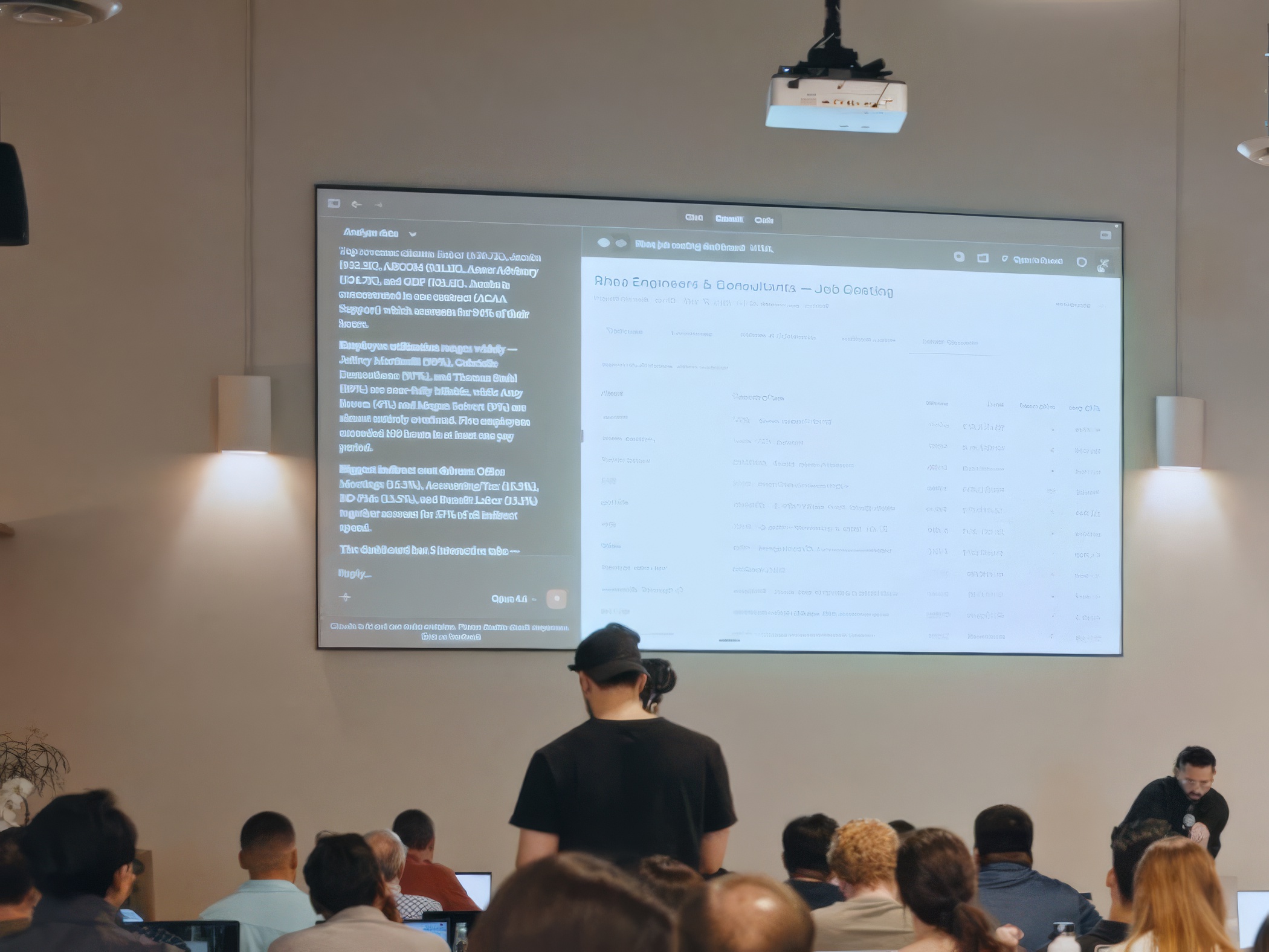 Inaugural meetup — projector and packed venue